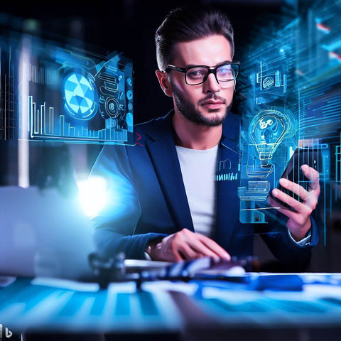 Un homme avec son téléphone dans ses mains dans un décors avec des hologramme d'écrans pour faire le test d'optimisation mobile avec l'IA.