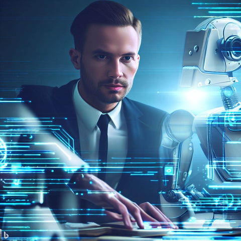 Un homme qui regarde l'écran de son ordinateur avec un robot en arrière-plan, symbolisant la collaboration entre l'homme et la technologie. Cette image met en évidence la possibilité pour l'homme de gagner de l'argent avec ChatGPT grâce à l'assistance du robot dans diverses tâches.