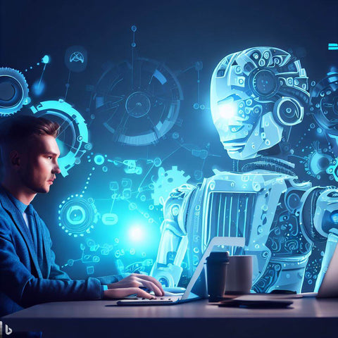 Un homme a l'ordinateur avec un robot devant lui qui lui apprends comment utiliser ChatGPT