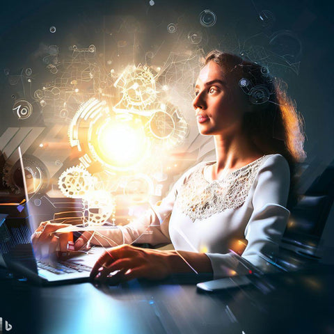 Femme travaillant sur son ordinateur pendant que des hologrammes d'engrenages dorés flottent dans l'air, illustrant le concept de l'intelligence artificielle en marketing
