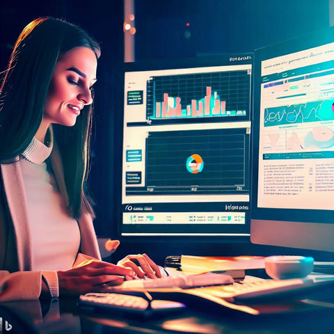 Image d'une femme travaillant intensivement devant deux écrans d'ordinateur affichant des graphiques et des données, soulignant l'importance de l'analyse dans la recherche de mots clés.