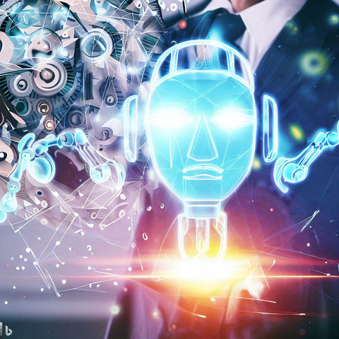 Un hologramme d'une tête robotique illuminé dans un décor futuriste pour faire le présentation de comment faire un audit SEO.