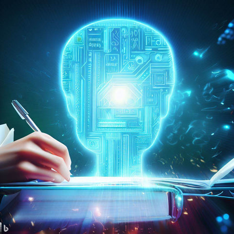 Une main qui écrit sur une feuille avec une tête robotique illuminée au-dessus de la feuille pour écrire un article avec ChatGPT