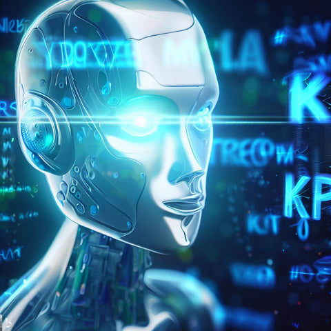 Une tête de robot avec les yeux illuminé de bleu et qui fait une analyse de mots clés