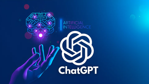 Logo de ChatGPT avec une main tendue à côté pour écrire un article avec ChatGPT