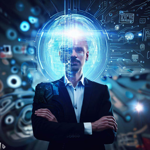 Homme en costume avec les bras croisés, un orbe bleu illuminant son visage, symbolisant l'innovation et la vision en intelligence artificielle en marketing