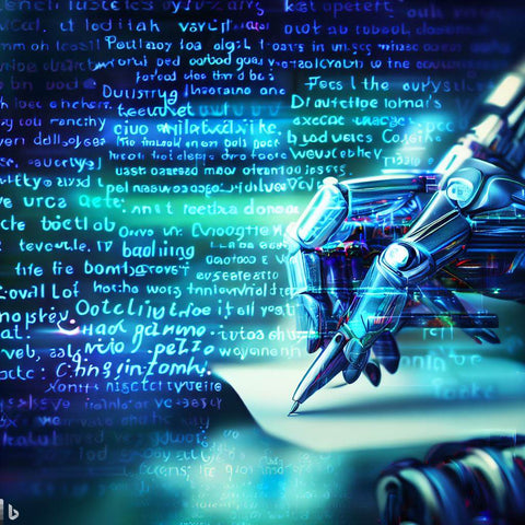 Une image avec pleins d'écriture en fond d'écran et une main robotique qui sert de générateur de texte intelligence artificielle