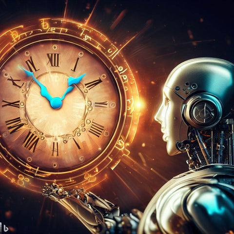 Robot regardant une grande horloge, illustrant l'importance de la gestion du temps et l'efficacité de l'intelligence artificielle en marketing