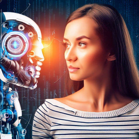 Une femme qui regarde un robot qui lui apprends comment utiliser ChatGPT