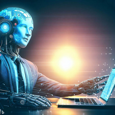 Un robot vêtu d'un costume complet travaillant sur un ordinateur, symbolisant le rôle de l'intelligence artificielle dans le monde professionnel du marketing