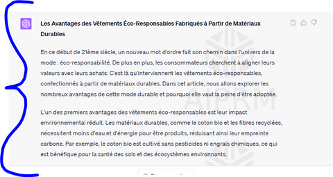 Image affichant le résultat d'un article de 800 mots généré par ChatGPT. Il démontre comment il est possible d'écrire un article avec ChatGPT, le texte élaboré présente une profondeur et une clarté qui témoignent de l'efficacité de cette intelligence artificielle.