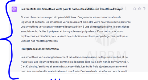 Capture d'écran illustrant l'article détaillé sur les bienfaits des smoothies, généré par ChatGPT. C'est une démonstration concrète de comment écrire un article avec ChatGPT peut fournir un contenu informatif et pertinent sur des sujets de santé et de bien-être.