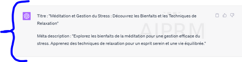 Image montrant le résultat des titres et des méta-descriptions générés par ChatGPT suite à la demande de l'utilisateur. Elle illustre l'efficacité de l'outil pour écrire un article avec ChatGPT, en fournissant non seulement le contenu de l'article, mais aussi les éléments essentiels du référencement comme un titre attrayant et une méta-description pertinente.