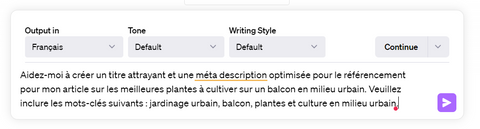 Capture d'écran d'un prompt réitérant une demande à ChatGPT pour générer un autre titre et une méta-description. Elle met en lumière la capacité de l'outil à écrire un article avec ChatGPT et générer plusieurs options de titres et méta-descriptions, permettant ainsi aux utilisateurs d'optimiser leur contenu pour un meilleur référencement SEO.