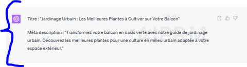 Capture d'écran montrant un autre ensemble de titres et de méta-descriptions générés par ChatGPT suite à une nouvelle demande de l'utilisateur. Elle démontre la polyvalence de l'outil lorsqu'il s'agit d'écrire un article avec ChatGPT, en proposant plusieurs options de titres et méta-descriptions, optimisant ainsi le référencement et l'attrait du contenu.