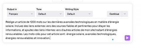 Capture d'écran d'une demande faite à ChatGPT de rédiger un article intégrant des liens internes. C'est une illustration claire de comment écrire un article avec ChatGPT en incluant des stratégies SEO avancées, comme l'ajout de liens internes, pour améliorer la navigation sur le site et le référencement du contenu.