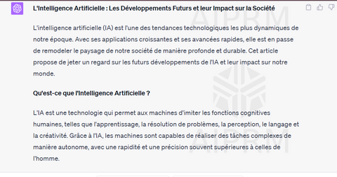 Capture d'écran montrant un article généré par ChatGPT qui utilise un mot-clé spécifique, comme demandé par l'utilisateur. Cette image illustre comment écrire un article avec ChatGPT peut servir à optimiser le contenu pour le référencement SEO, en ciblant un mot-clé précis pour améliorer la visibilité et la pertinence du contenu en ligne.