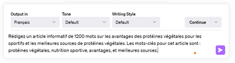 Capture d'écran d'une autre demande à ChatGPT pour rédiger un article en utilisant des mots-clés spécifiques. C'est un nouvel exemple de comment écrire un article avec ChatGPT en ciblant des mots-clés spécifiques peut aider à optimiser le contenu pour le référencement et augmenter sa visibilité en ligne.