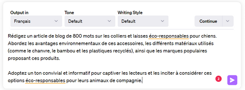 Capture d'écran d'une invitation demandant à ChatGPT d'écrire un blog de 800 mots sur le thème "Écrire un article avec ChatGPT"