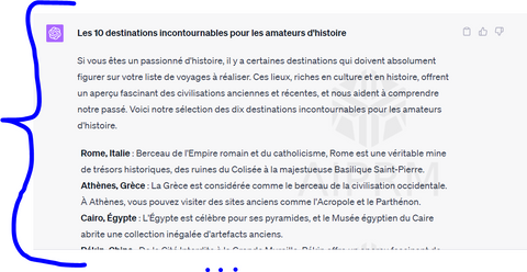 Capture d'écran montrant une liste de suggestions d'articles à écrire générées par ChatGPT. Cette image illustre la capacité de ChatGPT à générer des idées de contenu, démontrant ainsi comment écrire un article avec ChatGPT peut aller au-delà de la rédaction et aider à la planification et à la stratégie de contenu.