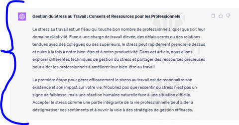 Capture d'écran du résultat de l'article généré par ChatGPT sur le thème de la gestion du stress en utilisant ChatGPT pour "écrire un article avec ChatGPT"