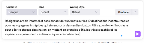 Capture d'écran d'un prompt demandant à ChatGPT d'écrire un article informel avec l'utilisation de ChatGPT pour "écrire un article avec ChatGPT"