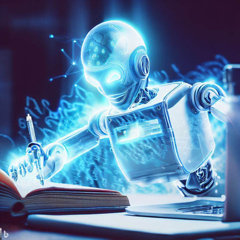 Un robot illuminé qui écrit un livre pour montrer la capacité d'écrire un article avec ChatGPT.