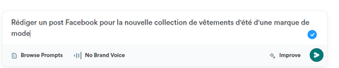 Prompt qui demande au générateur de texte intelligence artificielle Copy.ai de générer un post Facebook