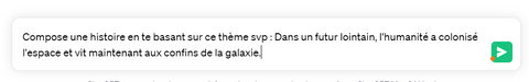 Prompt qui demande au générateur de texte intelligence artificielle ChatGPT d'ecrire une histoire complete.