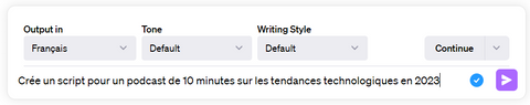 Capture d'écran d'un prompt demandant à ChatGPT de créer un script pour un podcast, mettant en évidence les compétences de ChatGPT dans la rédaction de scripts audio.