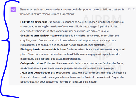 Capture d'écran des réponses contenant les idées générées par ChatGPT pour des projets artistiques, illustrant la capacité de ChatGPT à proposer des concepts créatifs et inspirants.