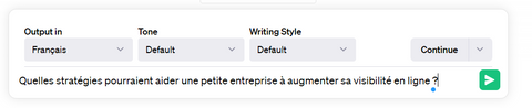 Capture d'écran d'une demande de suggestions marketing à ChatGPT pour une petite entreprise, mettant en avant la capacité de ChatGPT à fournir des conseils et des idées marketing pertinents pour les petites entreprises.