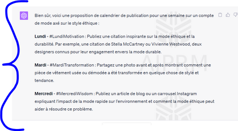 Capture d'écran d'un calendrier de contenu généré par ChatGPT, mettant en évidence la planification et l'organisation du contenu pour gagner de l'argent avec ChatGPT. Ce calendrier de contenu offre une vue d'ensemble des stratégies et des idées de publication, optimisant ainsi les opportunités de gains.