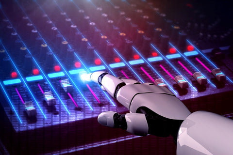 Une main robotique qui ajuste une console de musique pour démontrer la puissance des outils d'IA en musique.