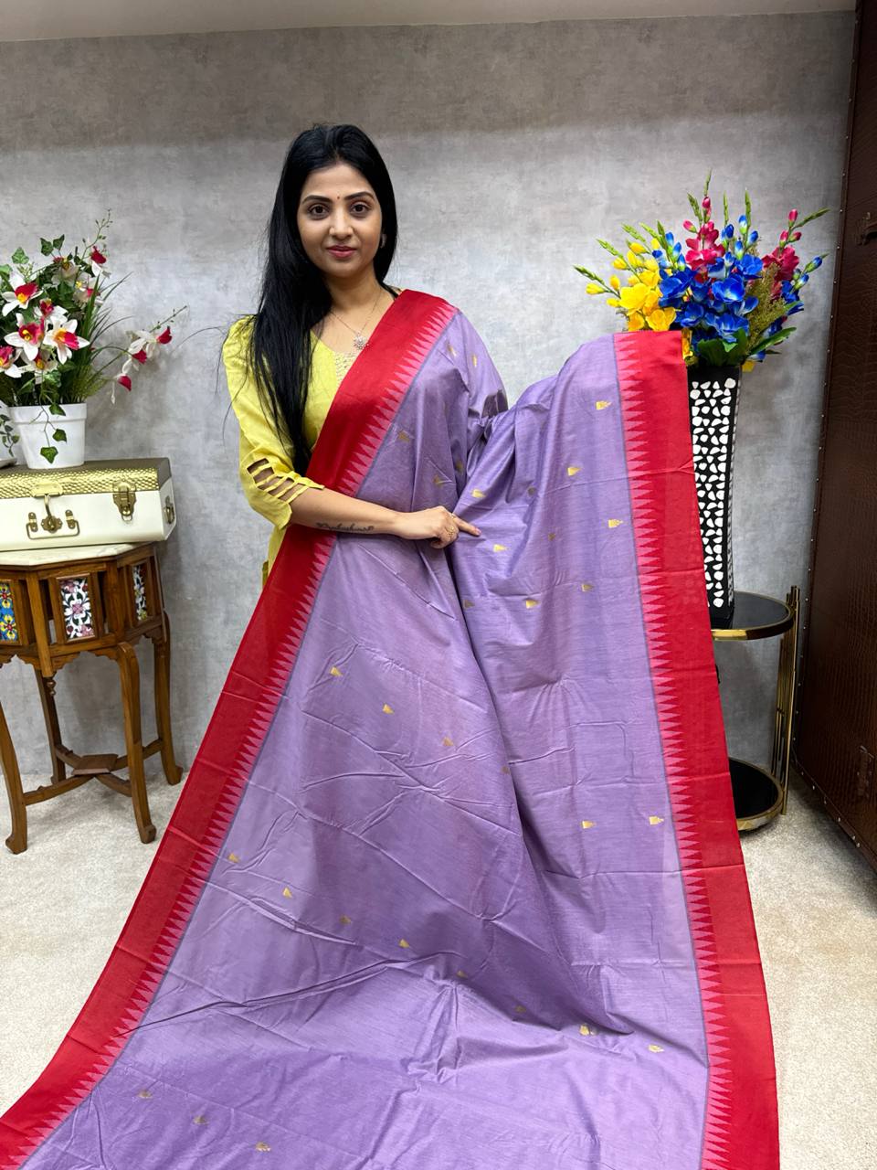 Buy Gk classic Women's Pure Kalyani Cotton Silk Saree with Zari Border and  Blouse Piece (Grey with Purple) at Amazon.in