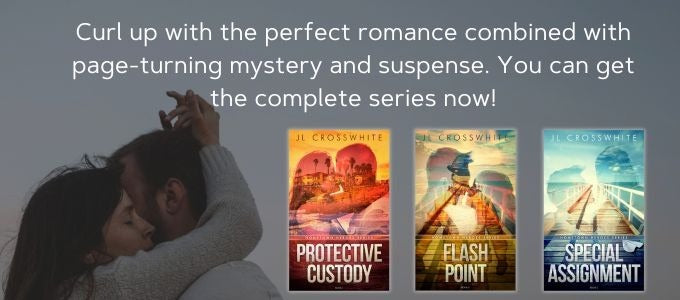 Woman and man embrace in front of a beach at evening. Covers of Protective Custody, Flash Point, and Special Assignment. Curl up with the perfect romance combined with page-turning mystery and suspense. YOu can get the complete series now.