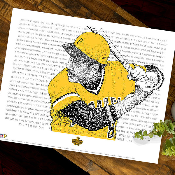  Word art portrait of Willie Stargell at bat, handwritten with Pittsburgh Pirates’ 1979 season statistics, makes a great gift.