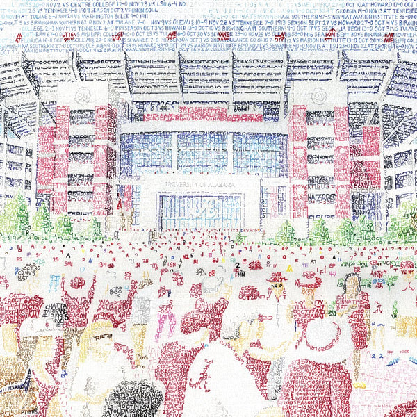  View of fans at main gate of Bryant-Denny Stadium at University of Alabama, handwritten with Crimson Tide record.