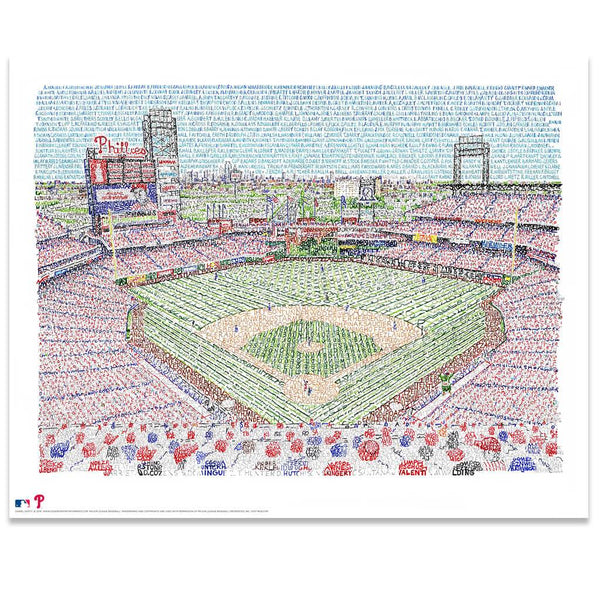 Word art of Citizens Bank Park in South Philly, handwritten with Phillies all-time roster, is a great gift for Philadelphians.