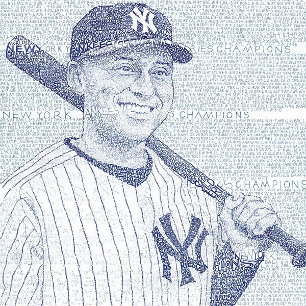 Unframed word art print of NY Yankees shortstop Derek Jeter, handwritten with stats from his five World Series seasons.