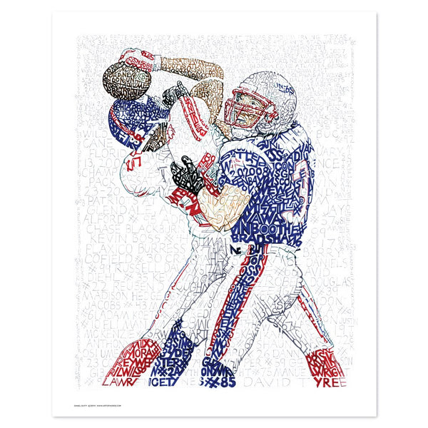 Football wall art depicts the “helmet catch” from Super Bowl XLII, handwritten with New York Giants 2007 season stats.