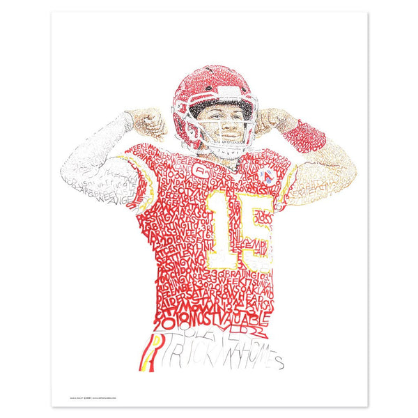 Unframed word art portrait of Patrick Mahomes, handwritten with his stats and Kansas City Chief scores from 2018.  