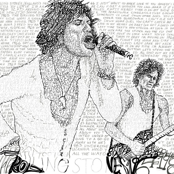 Portrait of Mick Jagger singing and Keith Richards playing guitar, handwritten with titles of Rolling Stone songs.