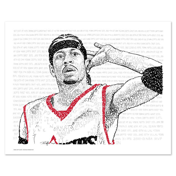 Unframed word art print of 76ers star Allen Iverson, handwritten with his 2001 MVP season stats, makes a great holiday gift.