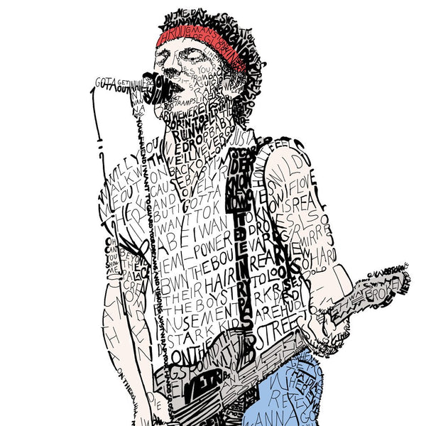 Word art print of Bruce Springsteen with red headband playing guitar made of handwritten lyrics of “Born to Run.”