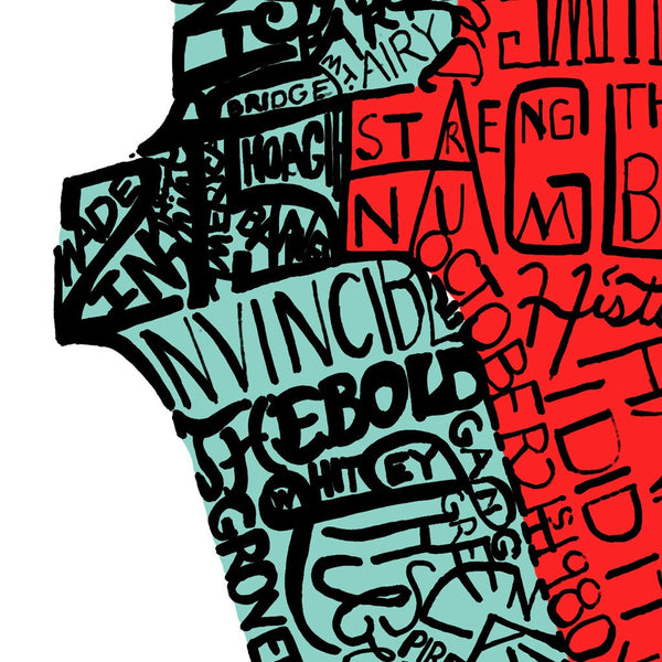  Detail of Dan Duffy’s Philadelphia LOVE statue word print shows how handwritten words, colored in red and blue, form the image. 