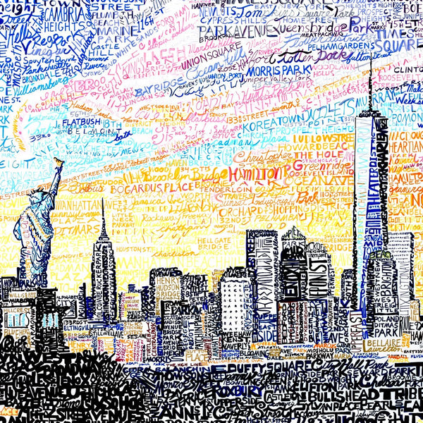 Art of Words artwork of New York City Skyline made with handwritten words of city’s streets, neighborhoods, and landmarks.