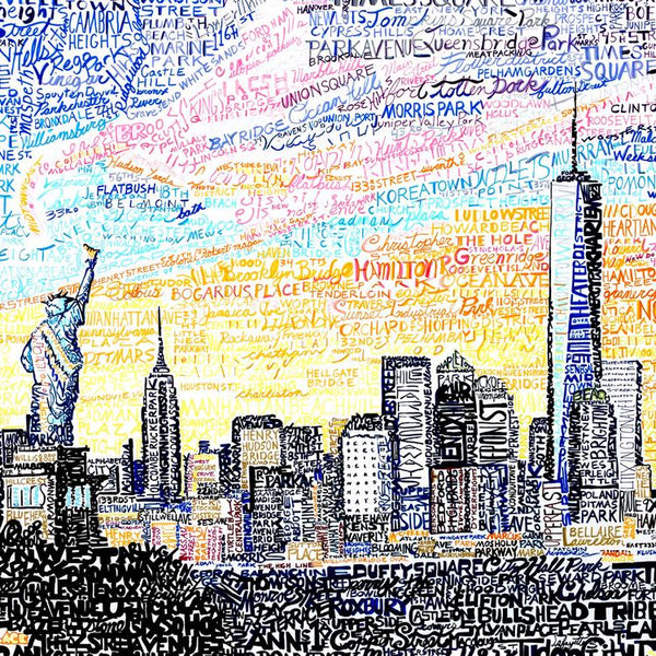 View of New York City skyline at sunrise, handwritten with names of streets, neighborhoods, and landmarks.