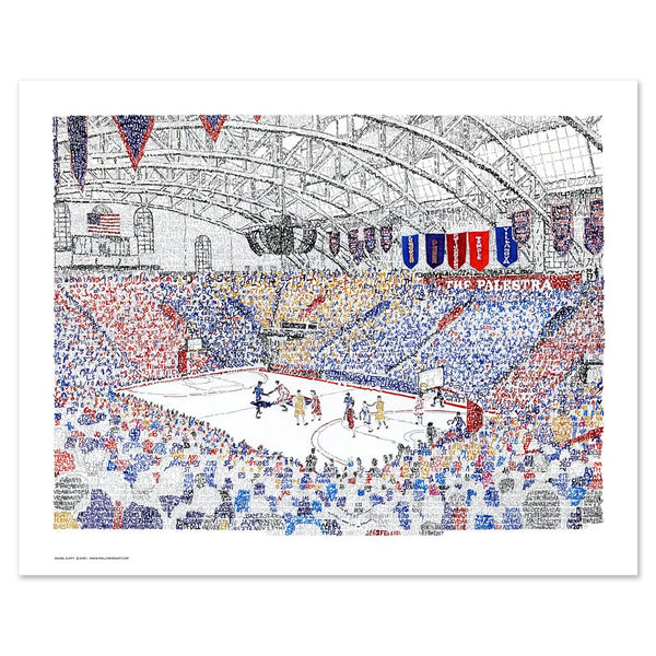 Unframed word art print depicting the Palestra, handwritten with dates, teams, and scores from five decades’ of Big 5 games.  