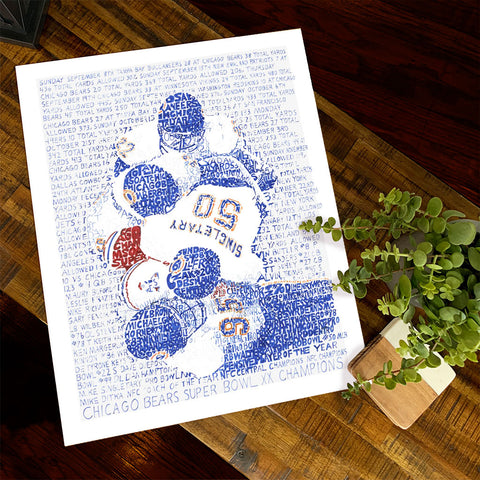  Save 20% with Art of Words Cyber Monday deal on word art print of Chicago Bears players, handwritten with 1985 season stats.